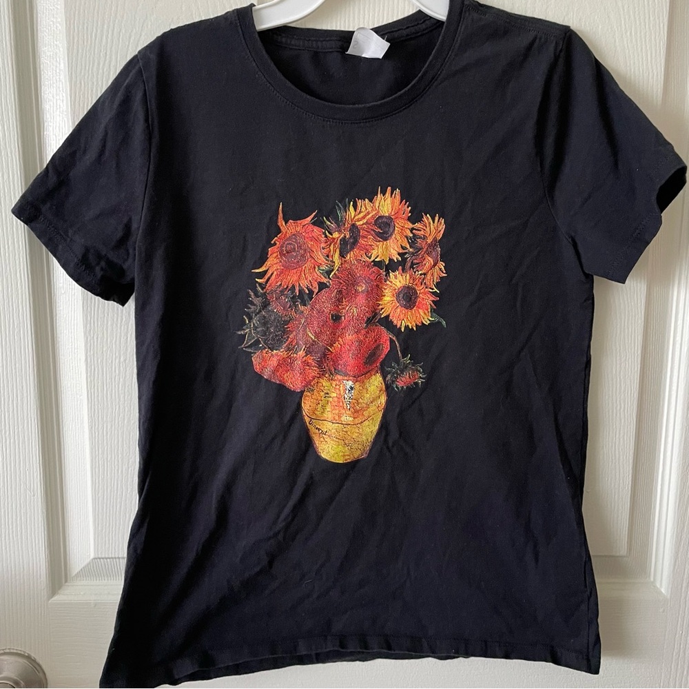 Women’s Black Van Gogh Sunflower Tee Shirt Top Size Small